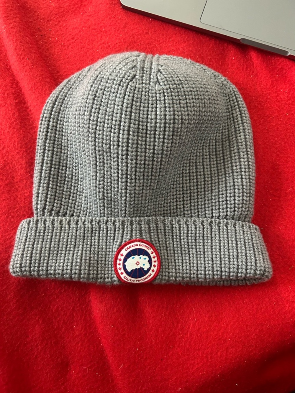Canada Goose Gray Ribbed Knit Beanie with Arctic Patch